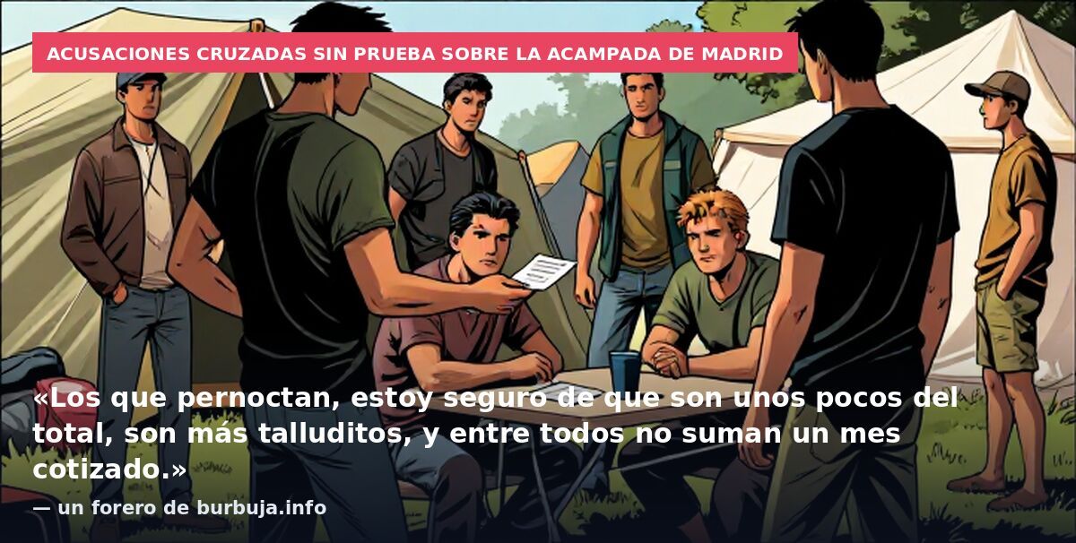 Acusaciones cruzadas sin prueba sobre la acampada de Madrid: «Los que pernoctan, estoy seguro de que son unos pocos del total, son más talluditos, y entre todos no suman un mes cotizado.» — un forero de burbuja.info