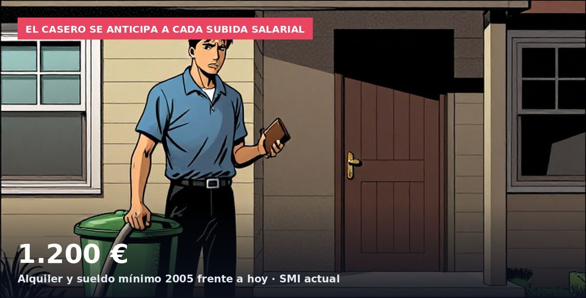 El casero se anticipa a cada subida salarial: 1.200 € Alquiler y sueldo mínimo 2005 frente a hoy · SMI actual