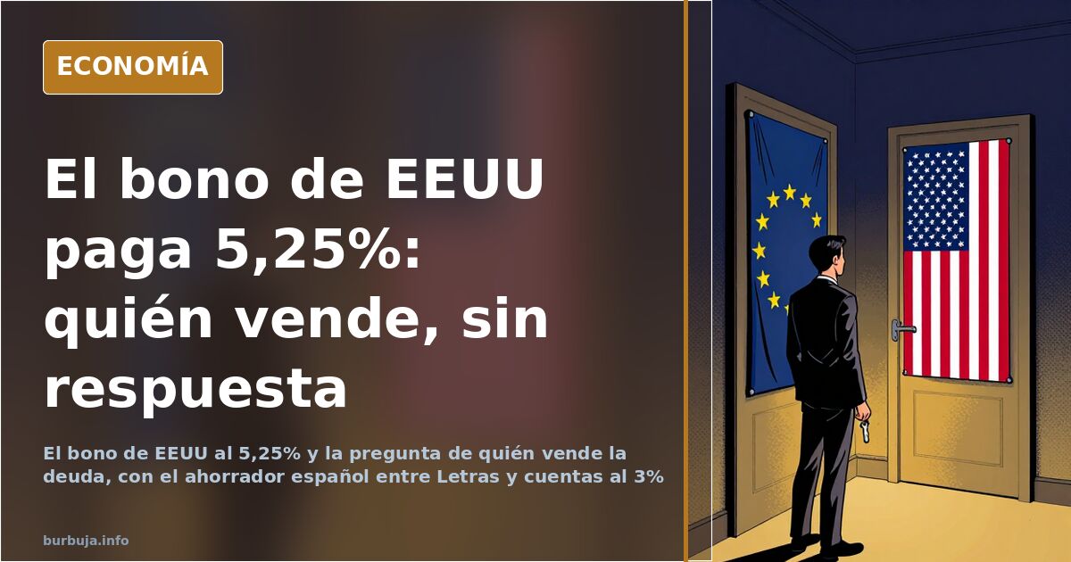 Ilustración editorial de un bono de EEUU al 5,25% con billetes de dólar desvaneciéndose sobre fondo azul marino