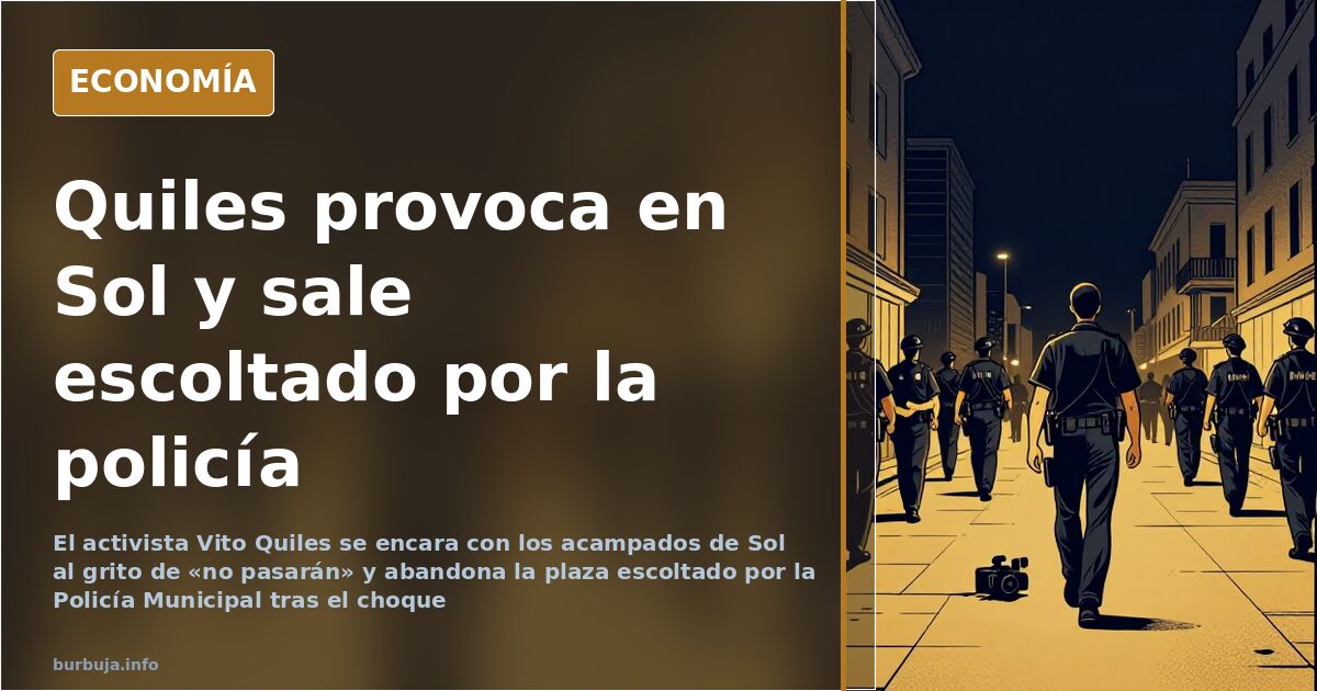 Escena del abandono de Vito Quiles de la Puerta del Sol escoltado por agentes de la policía municipal junto a la acampada