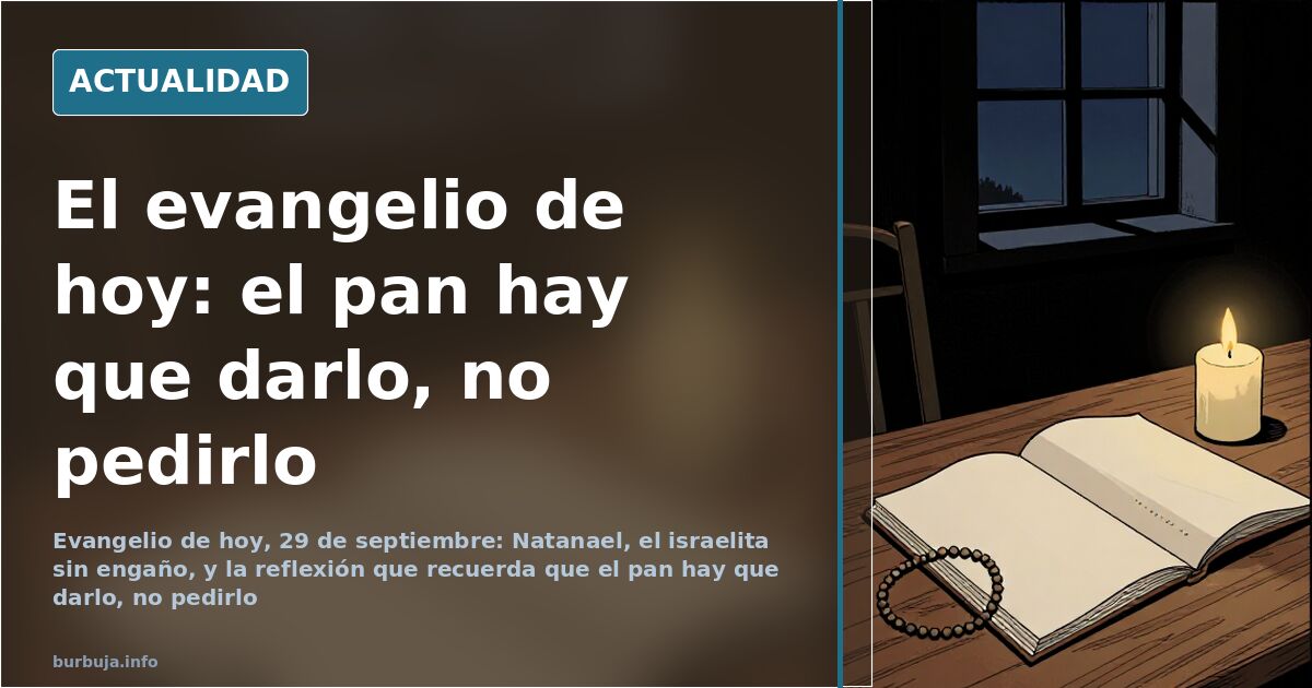 Mesa de madera en penumbra con un rosario, un misal abierto por el evangelio de hoy y una vela encendida junto a la ventana