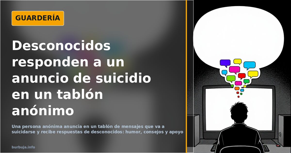 Pantalla de un tablón de mensajes anónimo con un anuncio de suicidio y respuestas de apoyo y humor negro