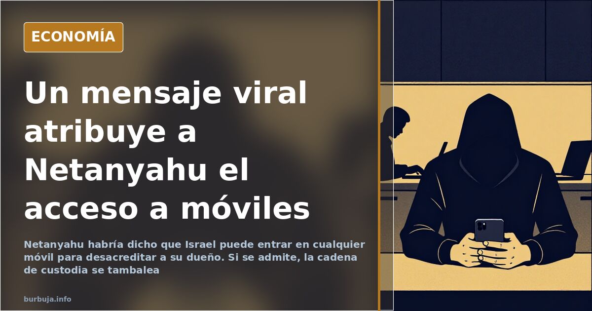 Un teléfono móvil bajo un haz de datos dorado ilustra el espionaje telefónico en una composición editorial azul marino