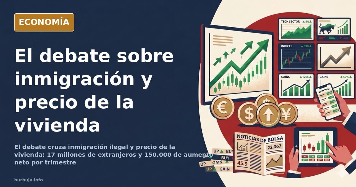 Ilustración editorial en azul marino y dorado con un bloque de viviendas y una fila de personas ante la puerta, sobre el prec