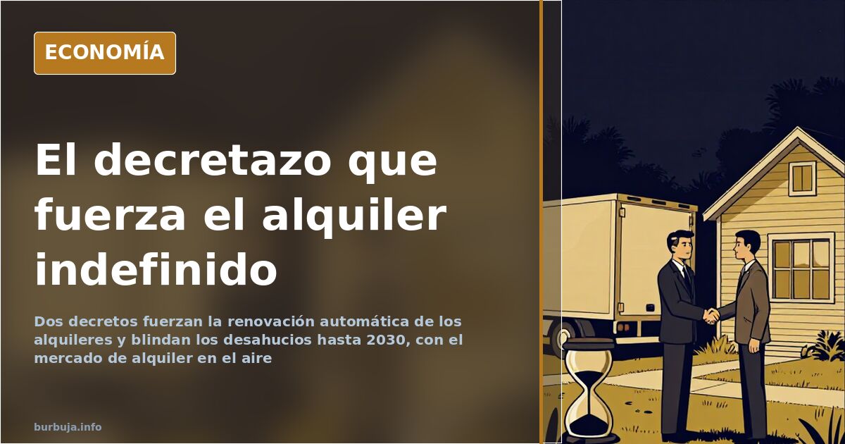 Ilustración editorial de un edificio de alquiler con llaves doradas sobre fondo azul marino y el decretazo de vivienda