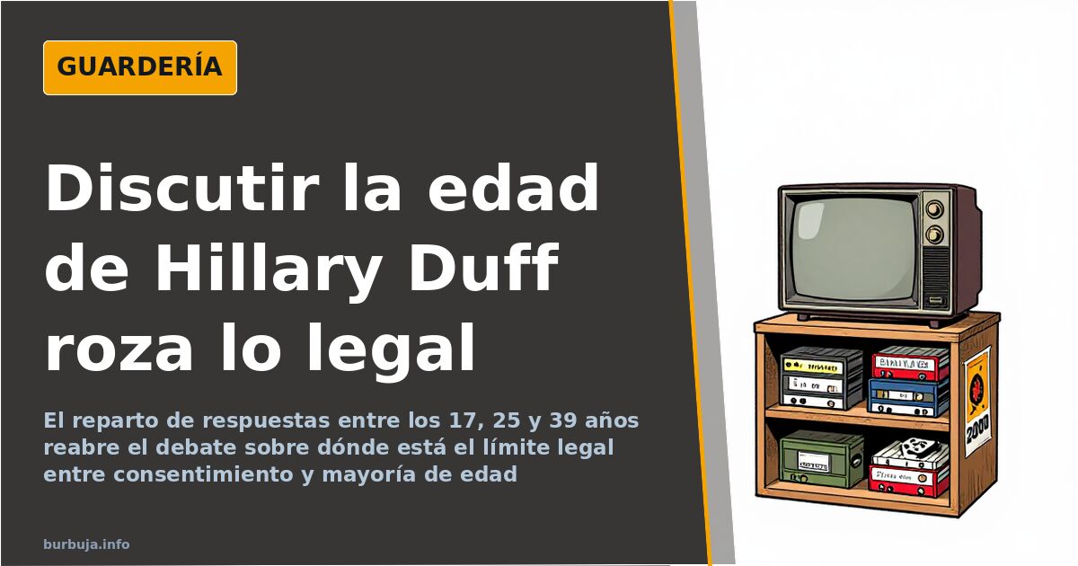 Ilustración de un televisor de tubo con cintas VHS de los 2000 junto al debate sobre la edad de Hillary Duff