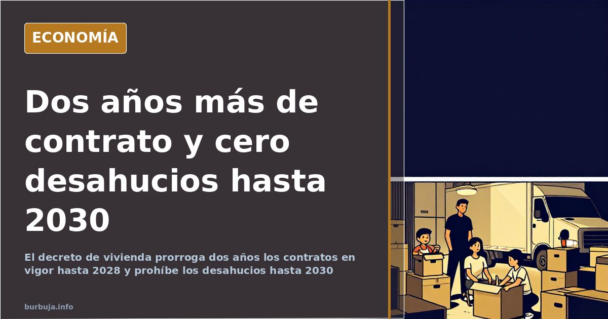 Ilustración editorial de un edificio de viviendas con contratos de alquiler prorrogados y desahucios bloqueados