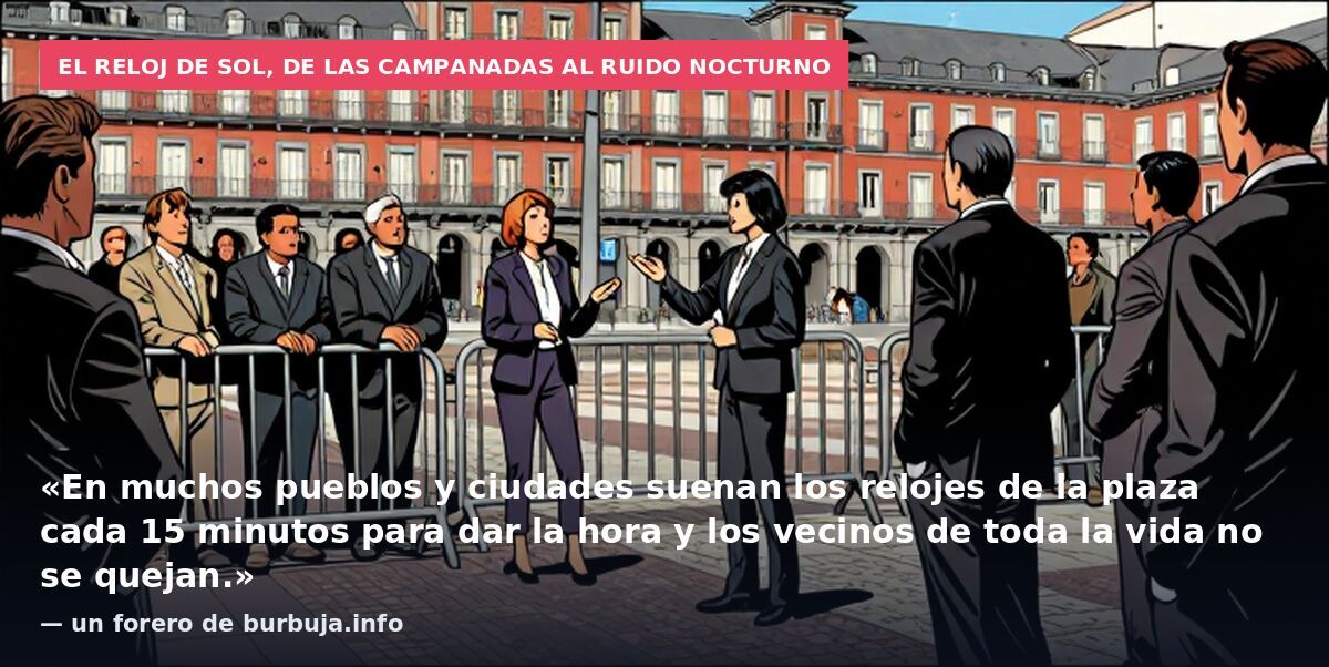 El reloj de Sol, de las campanadas al ruido nocturno: «En muchos pueblos y ciudades suenan los relojes de la plaza cada 15 minutos para dar la hora y los vecinos de toda la vida no se quejan.» — un forero de burbuja.info