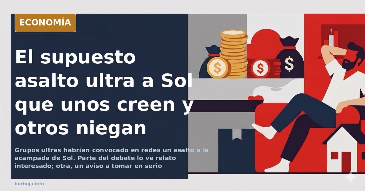Ilustración editorial de la Puerta del Sol con tiendas de campaña y siluetas enfrentadas ante una supuesta amenaza de asalto 
