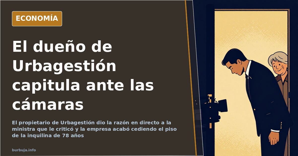 Un hombre trajeado ante un micrófono de televisión frente a la fachada de un edificio con la inquilina de Urbagestión de fond