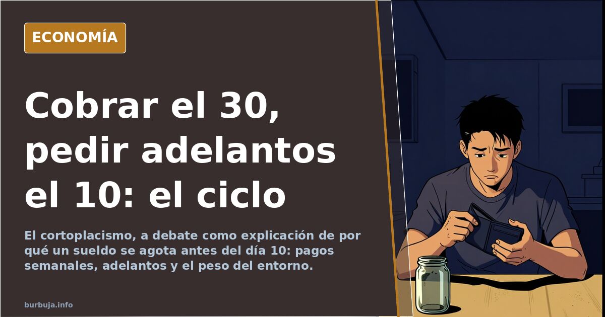 Ilustración editorial de una nómina semanal junto a un calendario y una cartera vacía antes del día 10