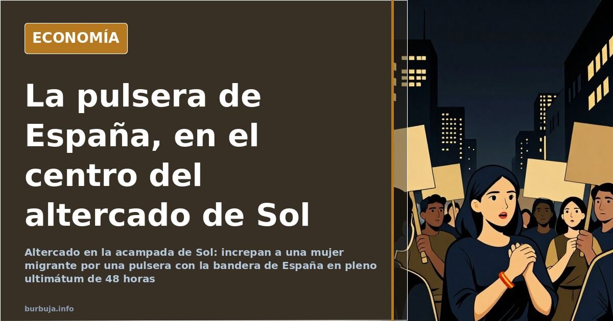 Vista de la Puerta del Sol de Madrid con la acampada de manifestantes y la Real Casa de Correos al fondo