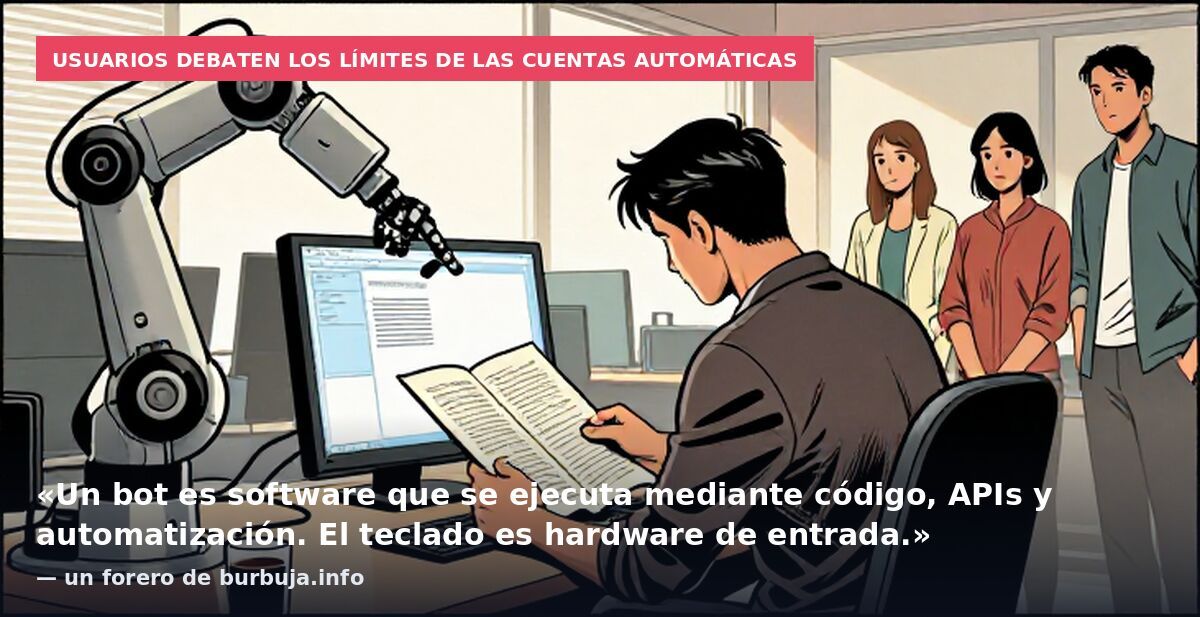 Usuarios debaten los límites de las cuentas automáticas: «Un bot es software que se ejecuta mediante código, APIs y automatización. El teclado es hardware de entrada.» — un forero de burbuja.info
