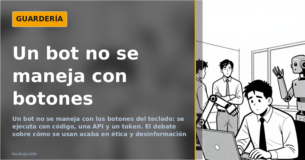 Ilustración de dos robots conversando frente a un teclado de ordenador, símbolo del debate sobre cómo se usan los bots y su p