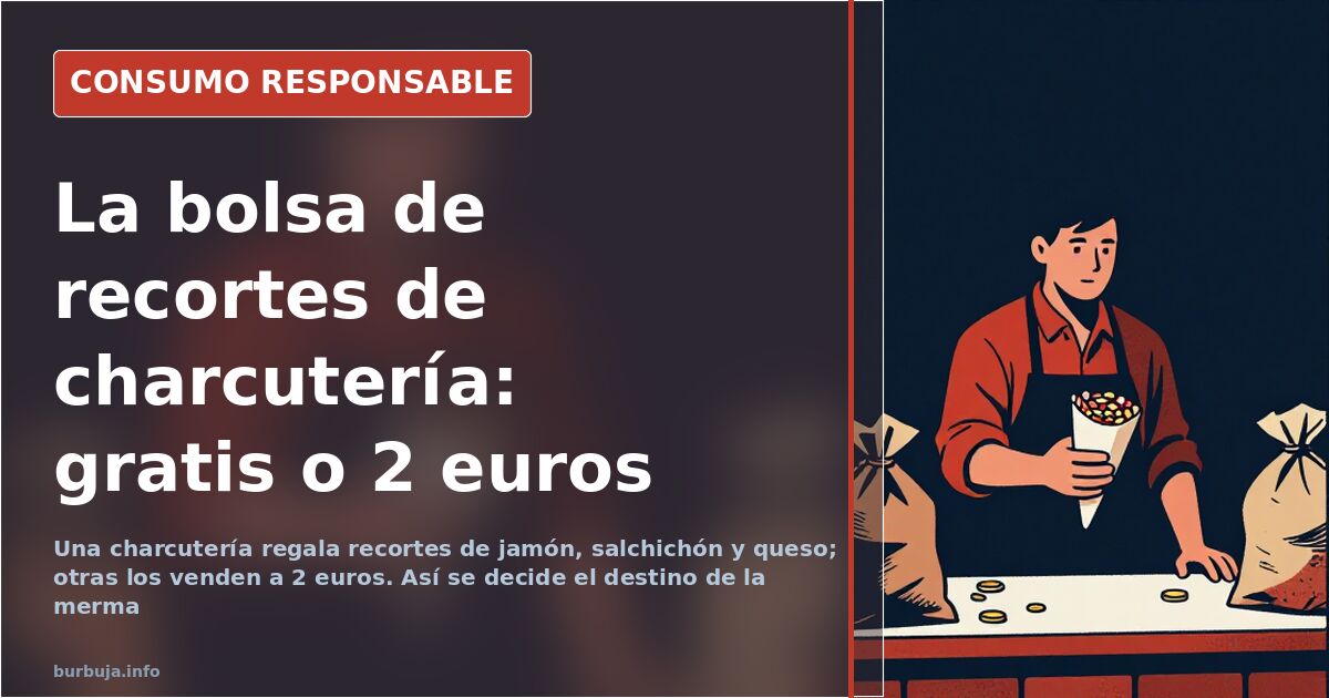 Bolsa de recortes de charcutería con virutas de jamón, queso y salchichón junto a un mostrador de supermercado