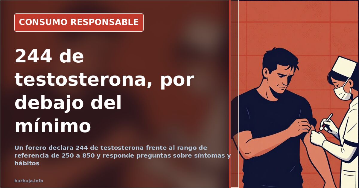 Análisis de sangre con el nivel de testosterona marcado en 244 y material de gimnasio al fondo
