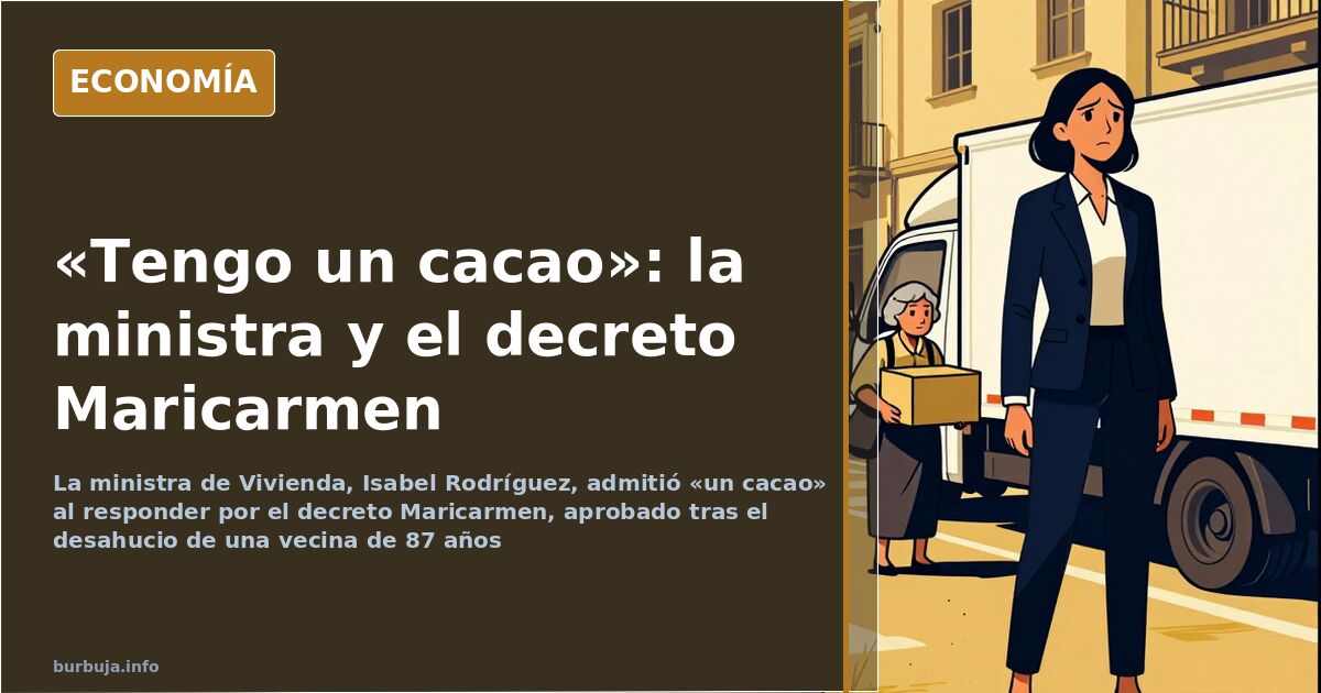 Atril de rueda de prensa con micrófonos en una sala vacía y apuntes sobre el decreto de vivienda y la ministra
