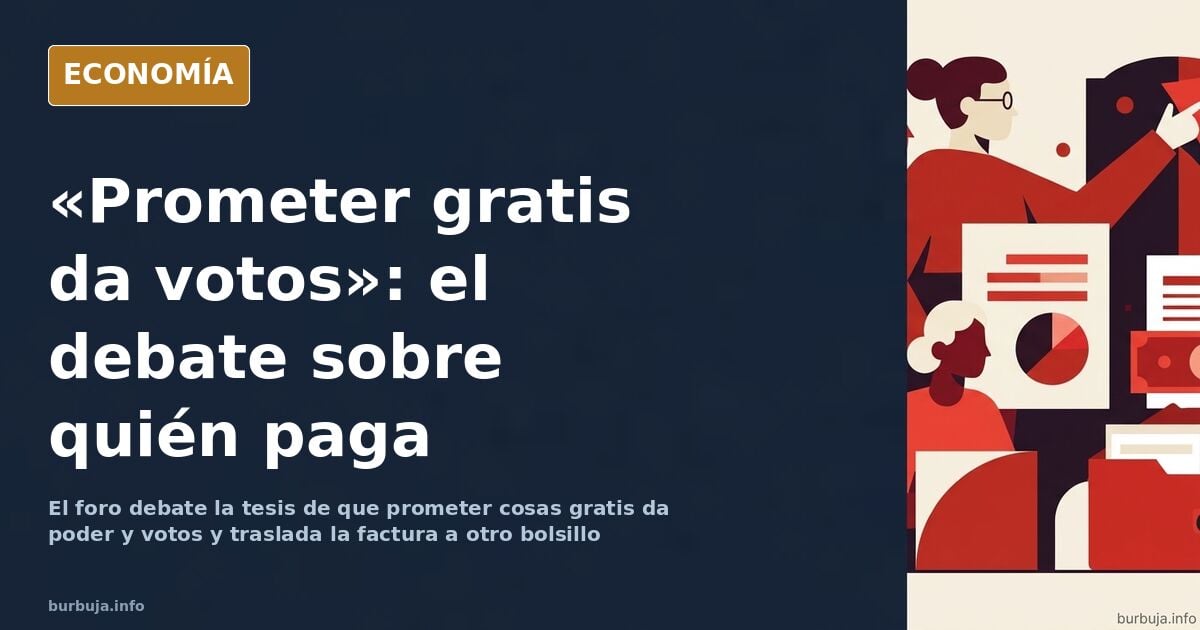 Ilustración editorial: una mano recibe cosas gratis mientras una cola de contribuyentes sostiene la estructura del gasto públ