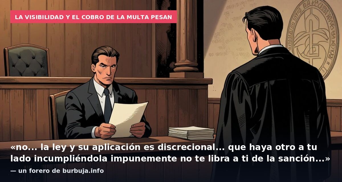 La visibilidad y el cobro de la multa pesan: «no... la ley y su aplicación es discrecional... que haya otro a tu lado incumpliéndola impunemente no te libra a ti de la sanción...» — un forero de burbuja.info