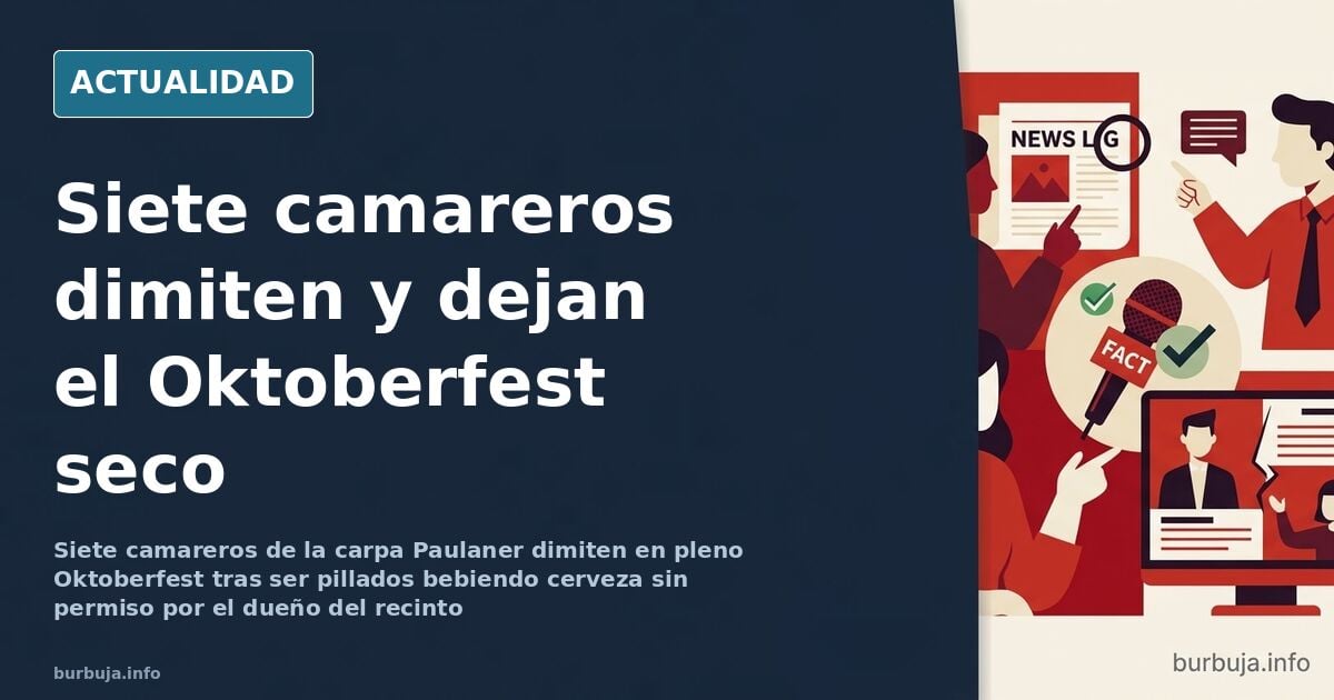 Interior de una carpa del Oktoberfest con jarras de cerveza sobre mesas y camareros ausentes