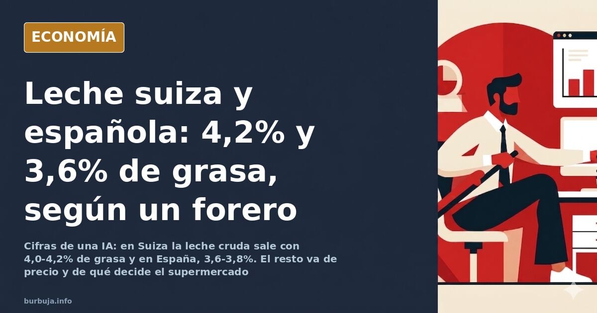 Dos vasos de leche entera sobre una mesa de madera con cartones al fondo, comparando la grasa láctea suiza y la española