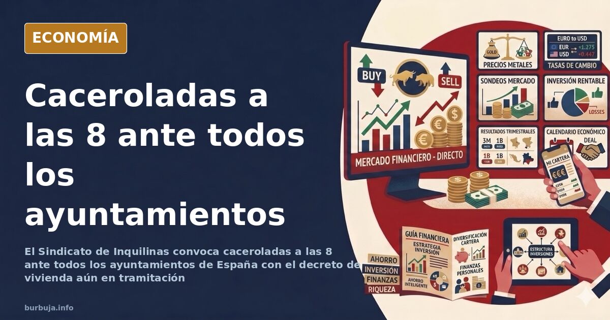 Ilustración editorial de una cacerolada con sartenes frente a un ayuntamiento al atardecer, en azul marino y dorado