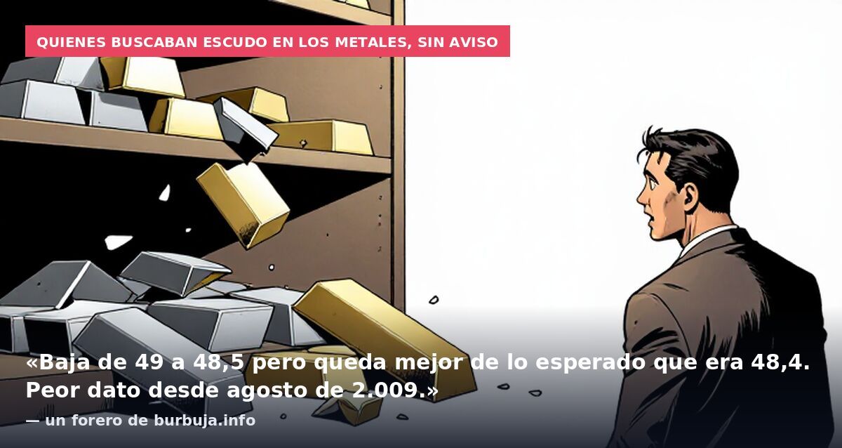 Quienes buscaban escudo en los metales, sin aviso: «Baja de 49 a 48,5 pero queda mejor de lo esperado que era 48,4. Peor dato desde agosto de 2.009.» — un forero de burbuja.info