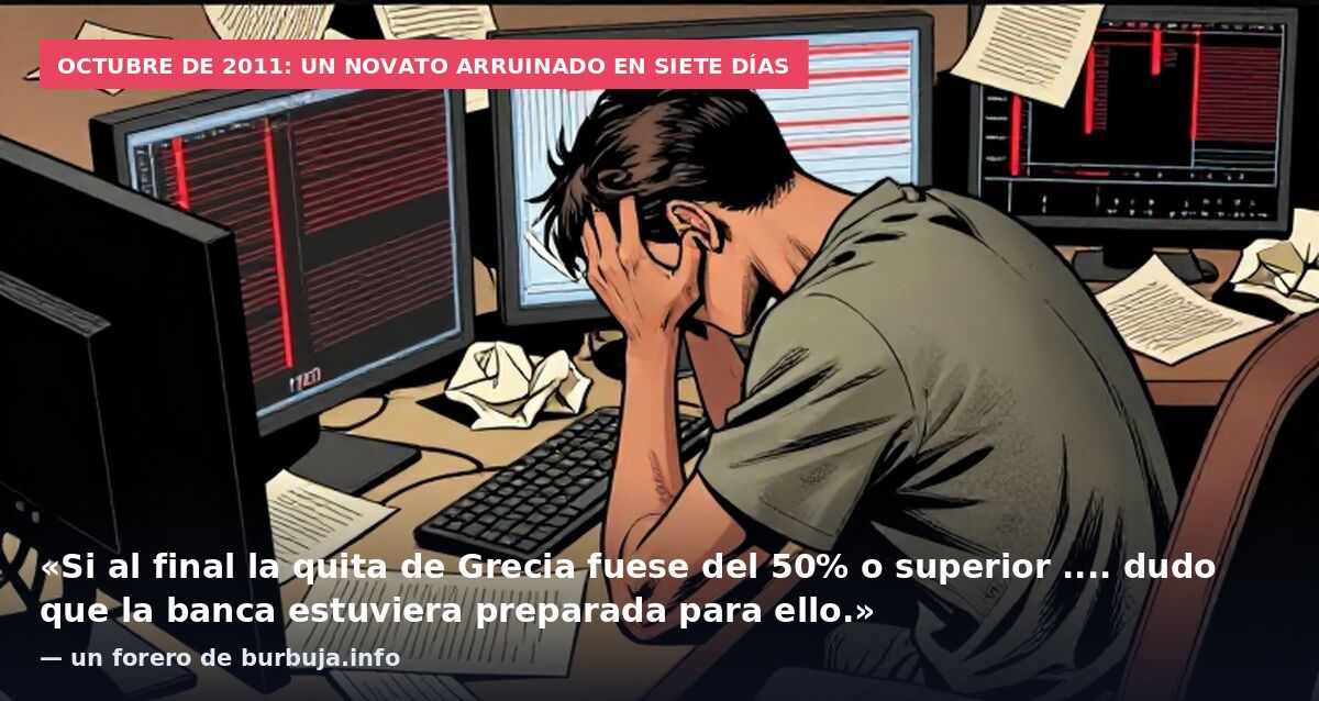 Octubre de 2011: un novato arruinado en siete días: «Si al final la quita de Grecia fuese del 50% o superior .... dudo que la banca estuviera preparada para ello.» — un forero de burbuja.info