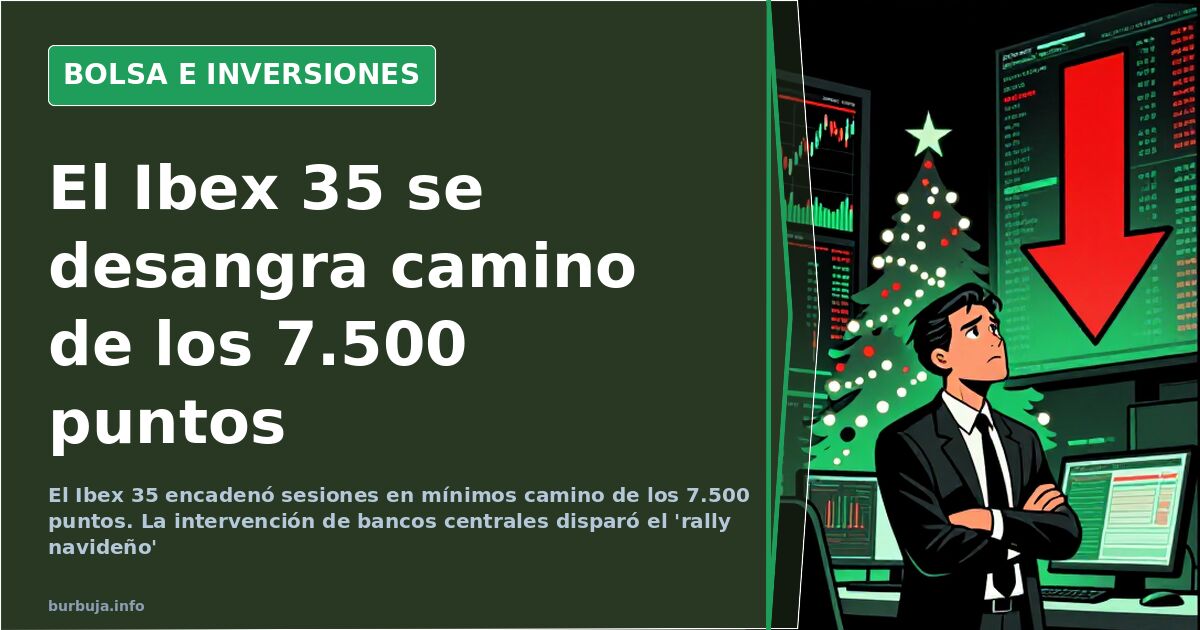 Gráfico de velas del Ibex 35 en pantalla de cotizaciones con caídas hacia los 7.500 puntos y la banca en rojo
