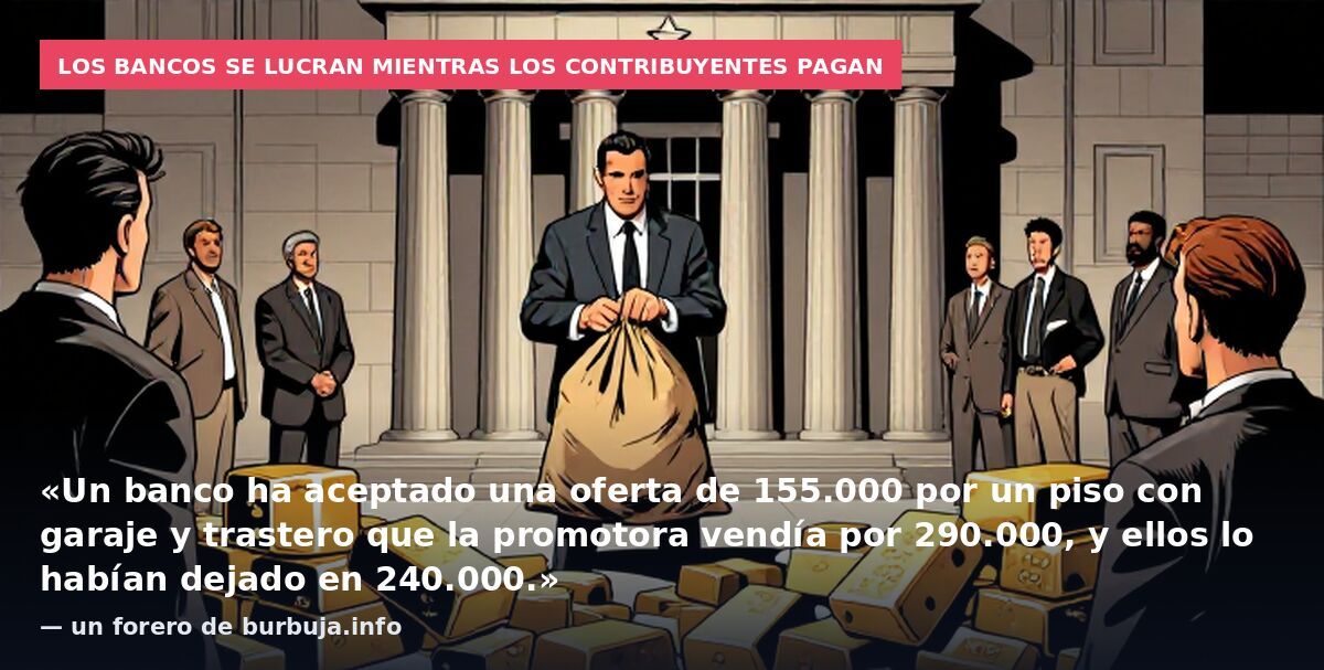 Los bancos se lucran mientras los contribuyentes pagan: «Un banco ha aceptado una oferta de 155.000 por un piso con garaje y trastero que la promotora vendía por 290.000, y ellos lo habían dejado en 240.000.» — un forero de burbuja.info