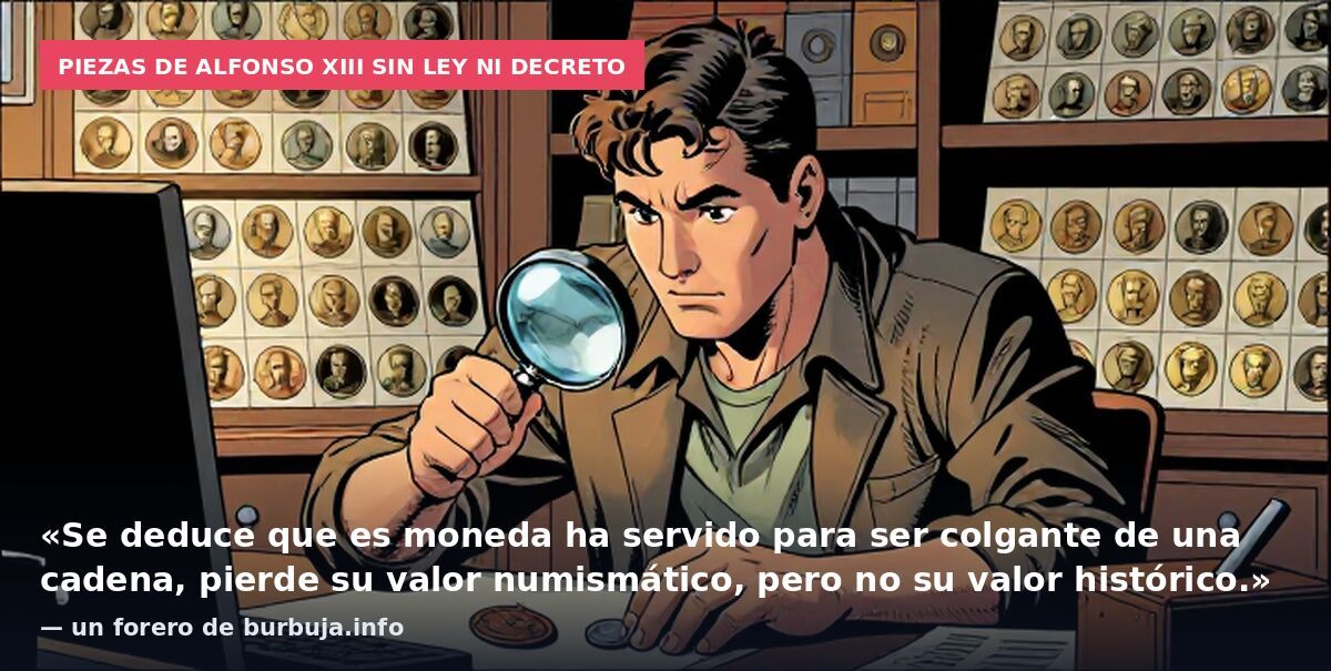 Piezas de Alfonso XIII sin ley ni decreto: «Se deduce que es moneda ha servido para ser colgante de una cadena, pierde su valor numismático, pero no su valor histórico.» — un forero de burbuja.info