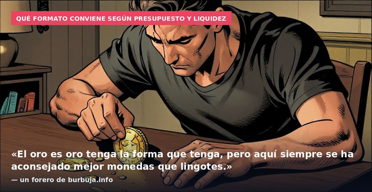 Qué formato conviene según presupuesto y liquidez: «El oro es oro tenga la forma que tenga, pero aquí siempre se ha aconsejado mejor monedas que lingotes.» — un forero de burbuja.info