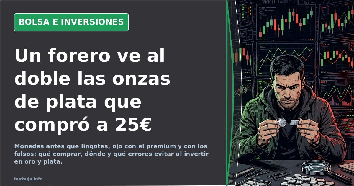 Monedas de plata bullion y un lingote de oro sobre gráficos de cotización iluminados en verde y rojo
