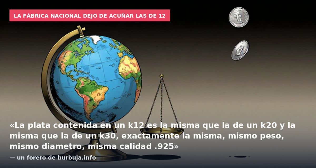 La Fábrica Nacional dejó de acuñar las de 12: «La plata contenida en un k12 es la misma que la de un k20 y la misma que la de un k30, exactamente la misma, mismo peso, mismo diametro, misma calidad .925» — un forero de burbuja.info