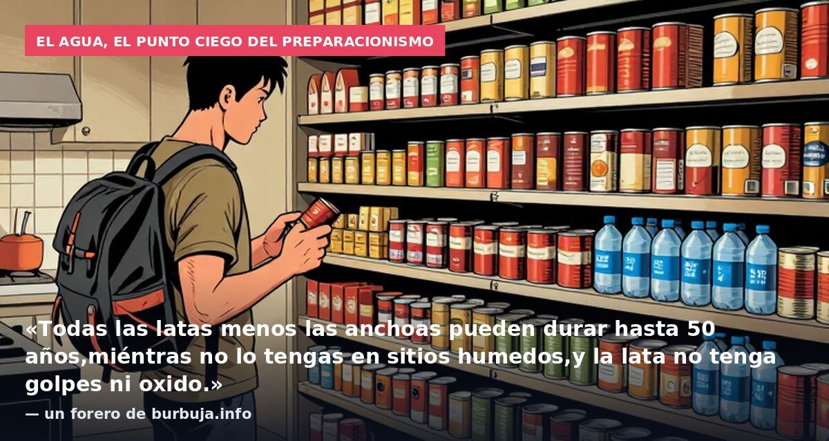 El agua, el punto ciego del preparacionismo: «Todas las latas menos las anchoas pueden durar hasta 50 años,miéntras no lo tengas en sitios humedos,y la lata no tenga golpes ni oxido.» — un forero de burbuja.info