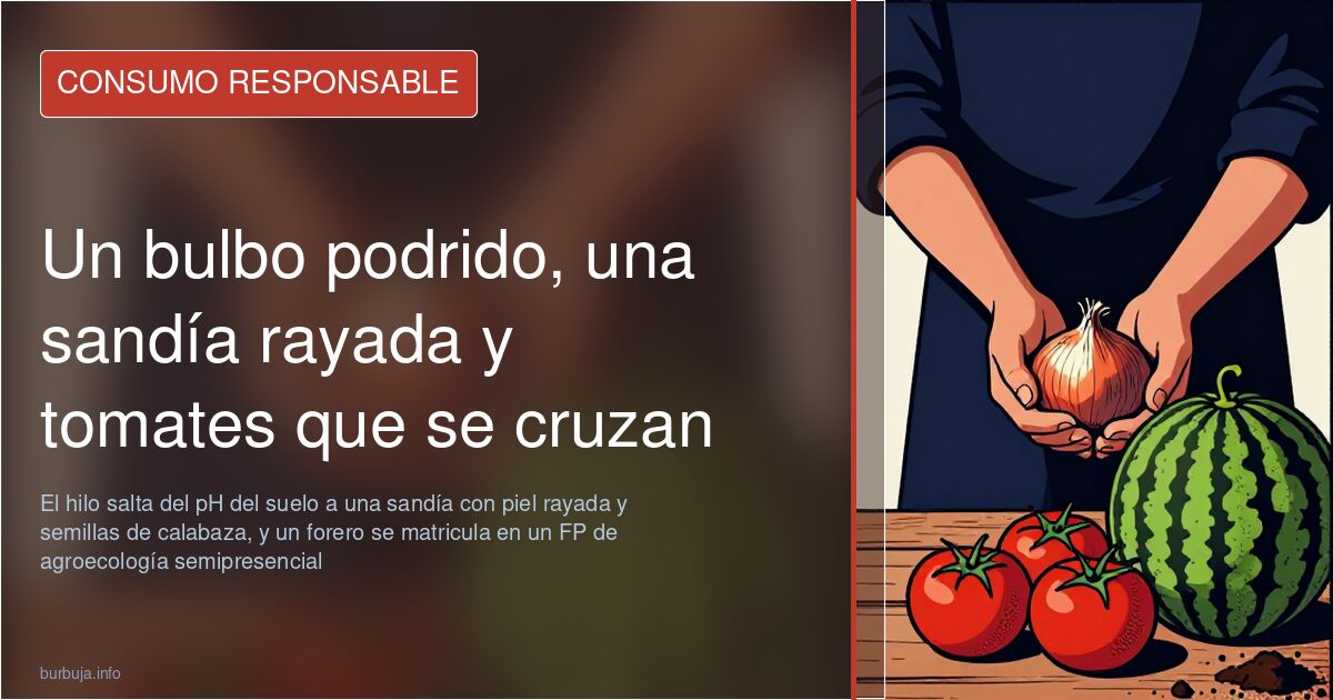 Un bulbo podrido, una sandía rayada y tomates que se cruzan