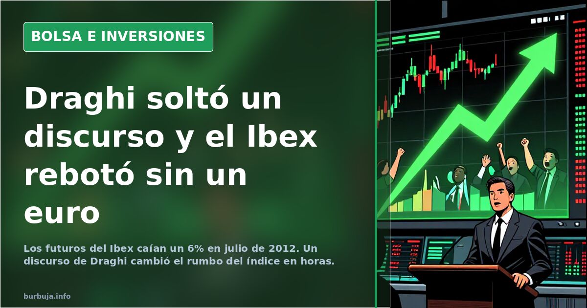 Gráfico de velas del Ibex 35 en julio de 2012 con caída inicial y rebote posterior en pantalla oscura