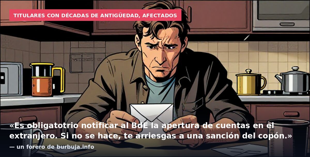 Titulares con décadas de antigüedad, afectados: «Es obligatotrio notificar al BdE la apertura de cuentas en el extranjero. Si no se hace, te arriesgas a una sanción del copón.» — un forero de burbuja.info