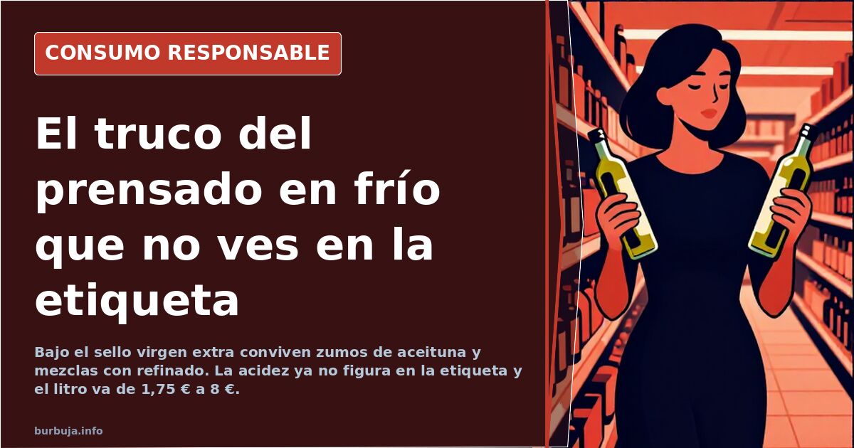 Garrafa de aceite de oliva virgen extra prensado en frío junto a una botella de cristal en el lineal de un supermercado