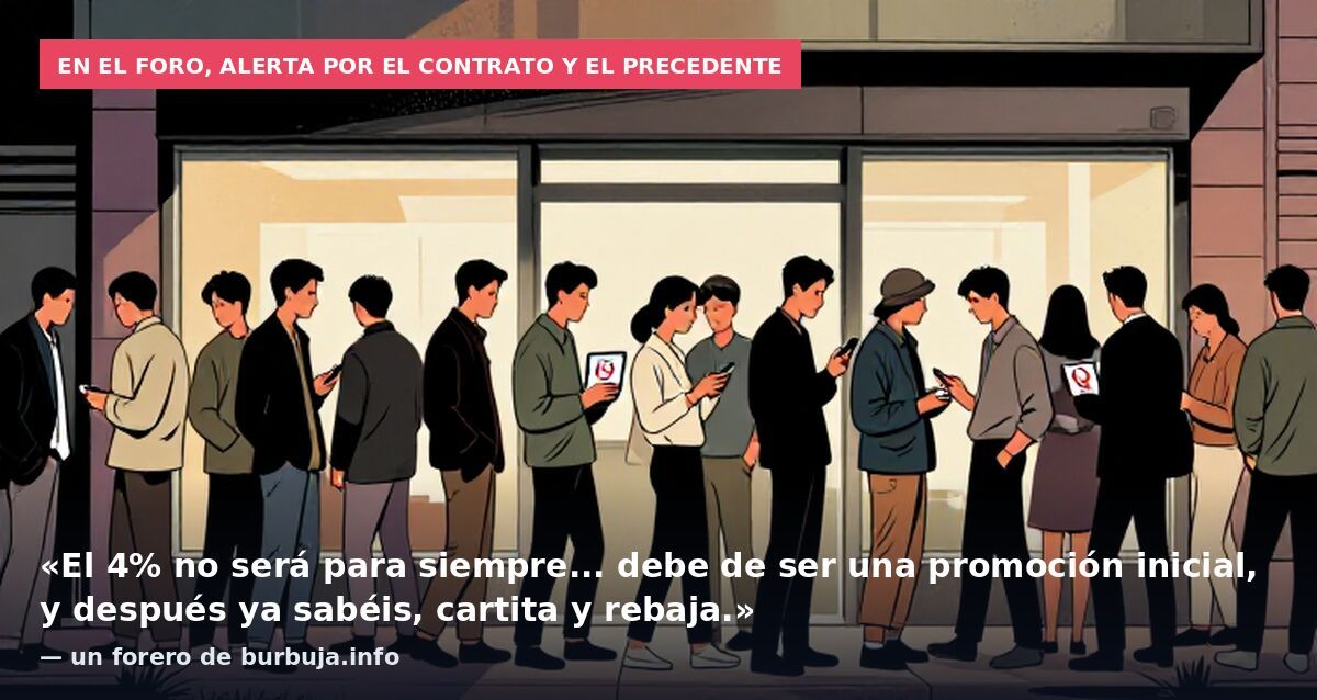En el foro, alerta por el contrato y el precedente: «El 4% no será para siempre... debe de ser una promoción inicial, y después ya sabéis, cartita y rebaja.» — un forero de burbuja.info