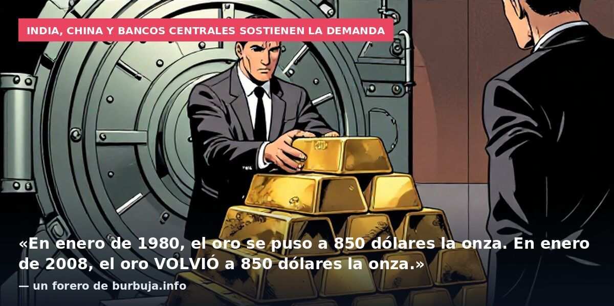 India, China y bancos centrales sostienen la demanda: «En enero de 1980, el oro se puso a 850 dólares la onza. En enero de 2008, el oro VOLVIÓ a 850 dólares la onza.» — un forero de burbuja.info