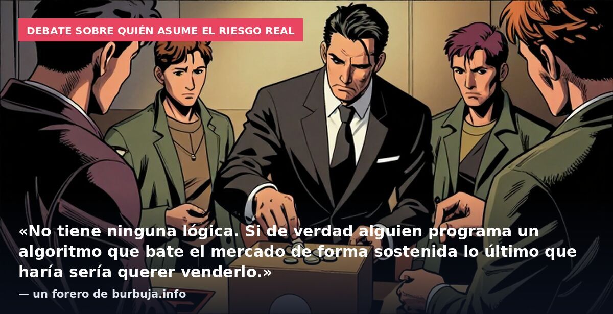 Debate sobre quién asume el riesgo real: «No tiene ninguna lógica. Si de verdad alguien programa un algoritmo que bate el mercado de forma sostenida lo último que haría sería querer venderlo.» — un forero de burbuja.info