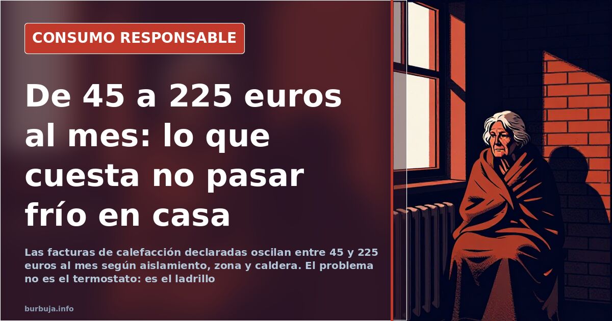 Persona con bata de lana junto a un radiador encendido en un salón frío con ventanas de cristal simple y carpintería antigua