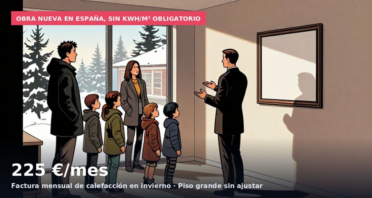 Obra nueva en España, sin kWh/m² obligatorio: 225 €/mes Factura mensual de calefacción en invierno · Piso grande sin ajustar