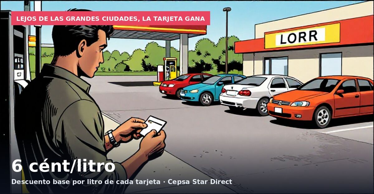 Lejos de las grandes ciudades, la tarjeta gana: 6 cént/litro Descuento base por litro de cada tarjeta · Cepsa Star Direct