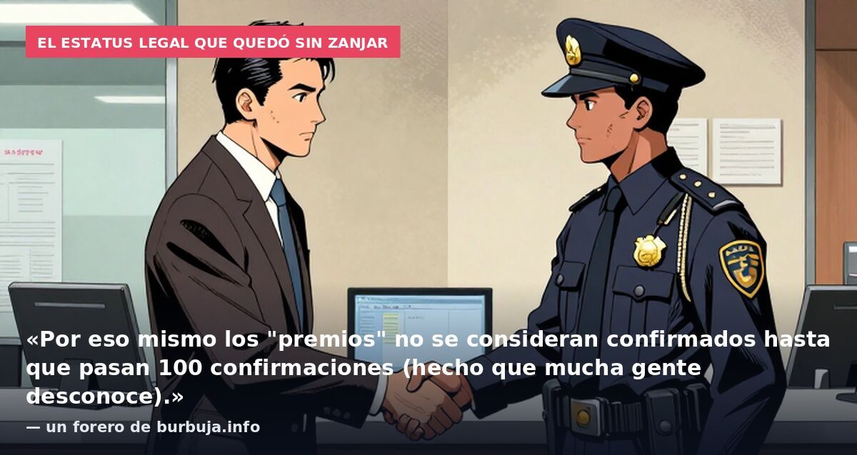 El estatus legal que quedó sin zanjar: «Por eso mismo los "premios" no se consideran confirmados hasta que pasan 100 confirmaciones (hecho que mucha gente desconoce).» — un forero de burbuja.info