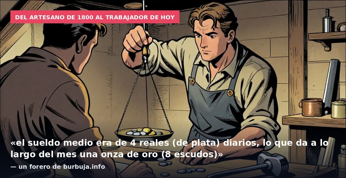 Del artesano de 1800 al trabajador de hoy: «el sueldo medio era de 4 reales (de plata) diarios, lo que da a lo largo del mes una onza de oro (8 escudos)» — un forero de burbuja.info