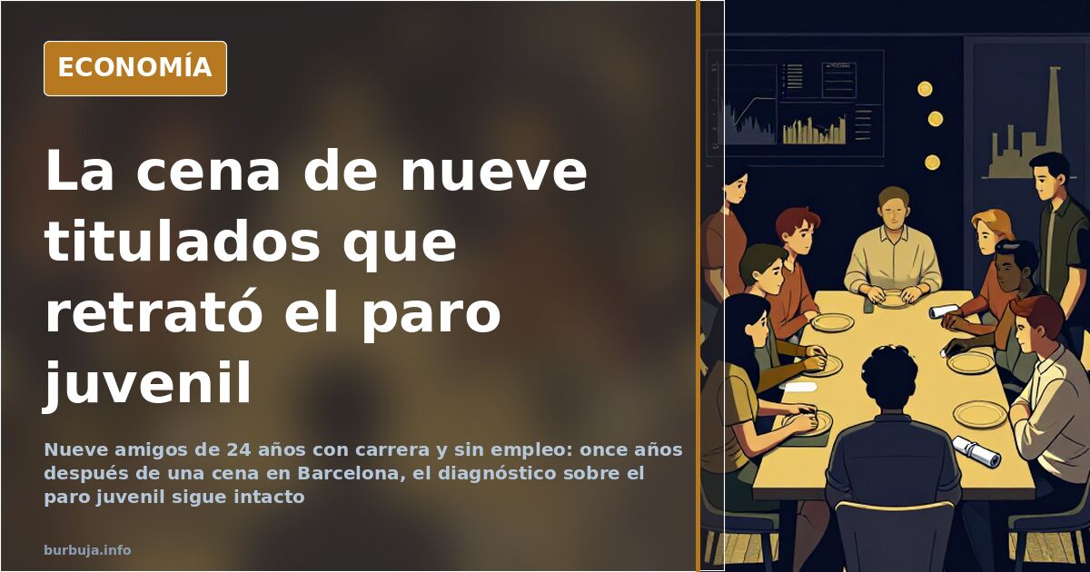 Mesa de restaurante con jóvenes titulados y currículums sobre el mantel, gráficas de empleo juvenil descendiendo al fondo