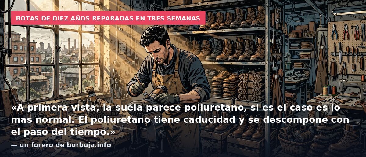 Botas de diez años reparadas en tres semanas: «A primera vista, la suela parece poliuretano, si es el caso es lo mas normal. El poliuretano tiene caducidad y se descompone con el paso del tiempo.» — un forero de burbuja.info