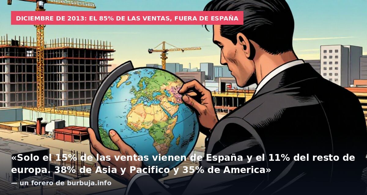 Diciembre de 2013: el 85% de las ventas, fuera de España: «Solo el 15% de las ventas vienen de España y el 11% del resto de europa. 38% de Asia y Pacifico y 35% de America» — un forero de burbuja.info